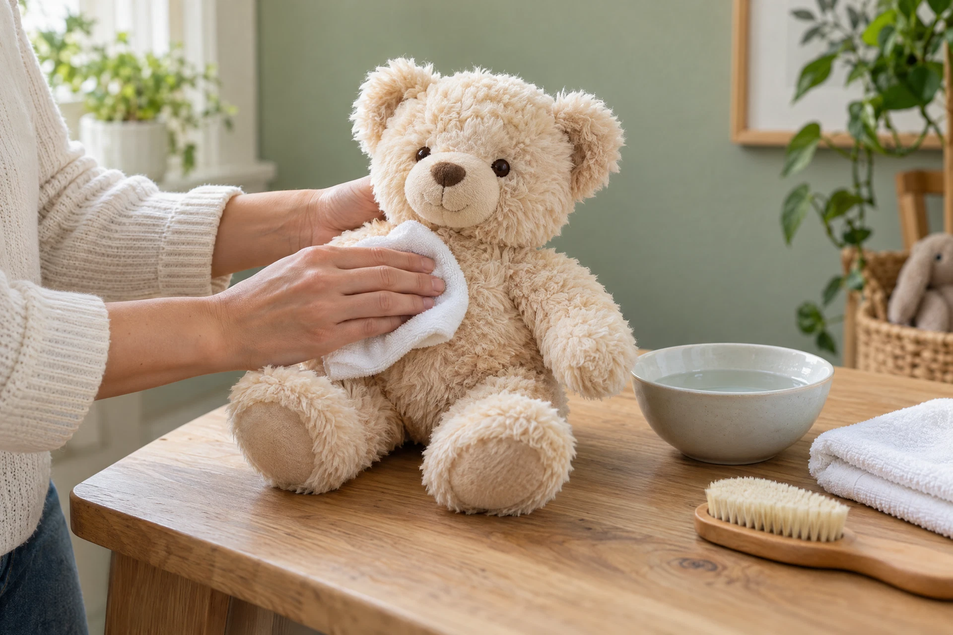 Illustrative photograph of gentle surface cleaning for a plush toy