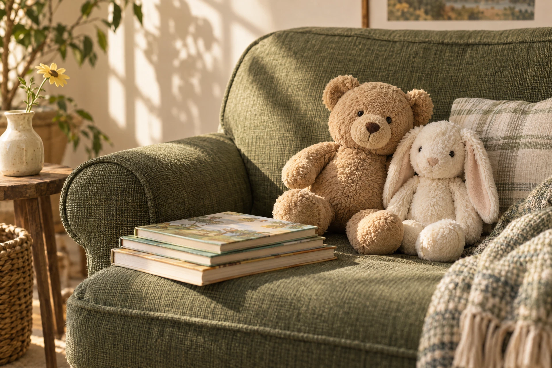 A teddy bear and bunny in an illustrative cozy reading corner
